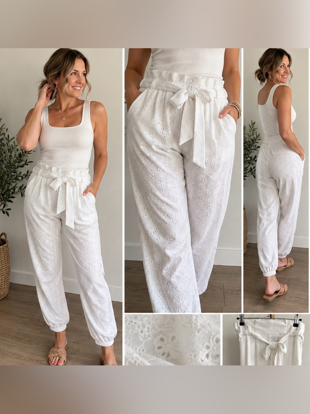 380. Liza Byrd Women’s White Eyelet Tie-Waist Jogger Style Pants